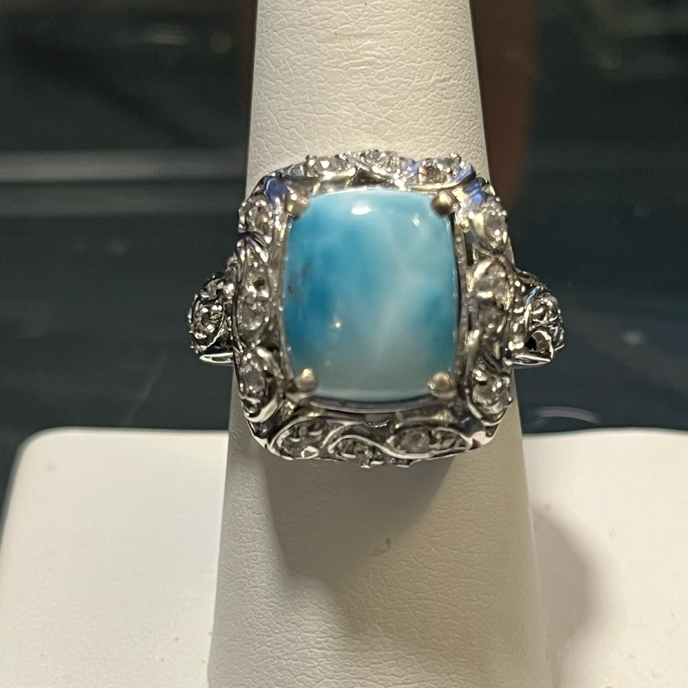 Gorgeous Ocean Blue Larimar Ring in Rhodium over Silver